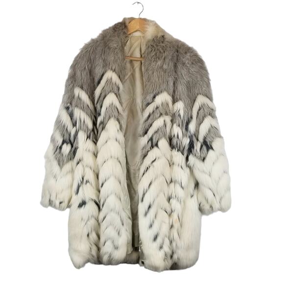 Faux Fur Open Front Jacket Coat Gray Ivory Size L Large - Picture 1 of 4